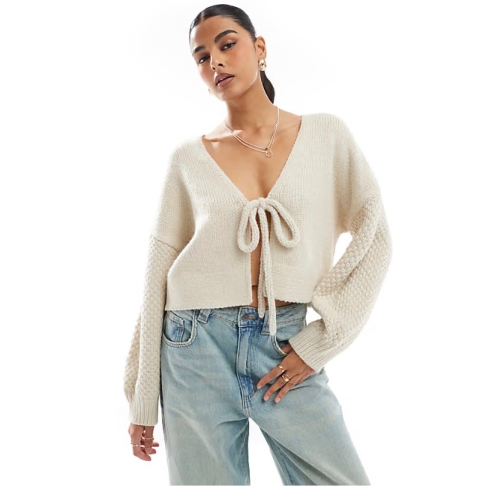 Cotton On Oversized‎ Cream Cropped Tie Front Balloon Sleeve Knit Cardigan XS